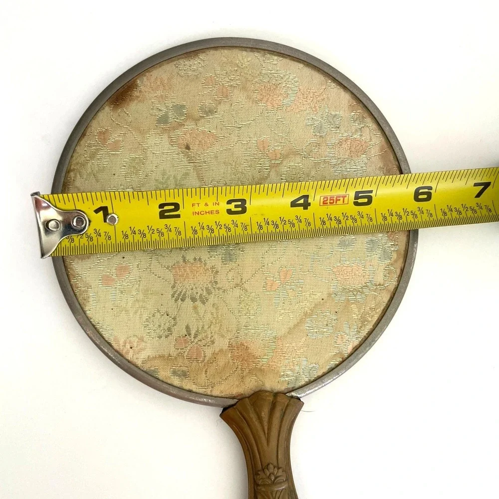 Vintage Art Deco Hand Mirror Floral‎ Brocade Fabric Back Hollywood Regency Metal